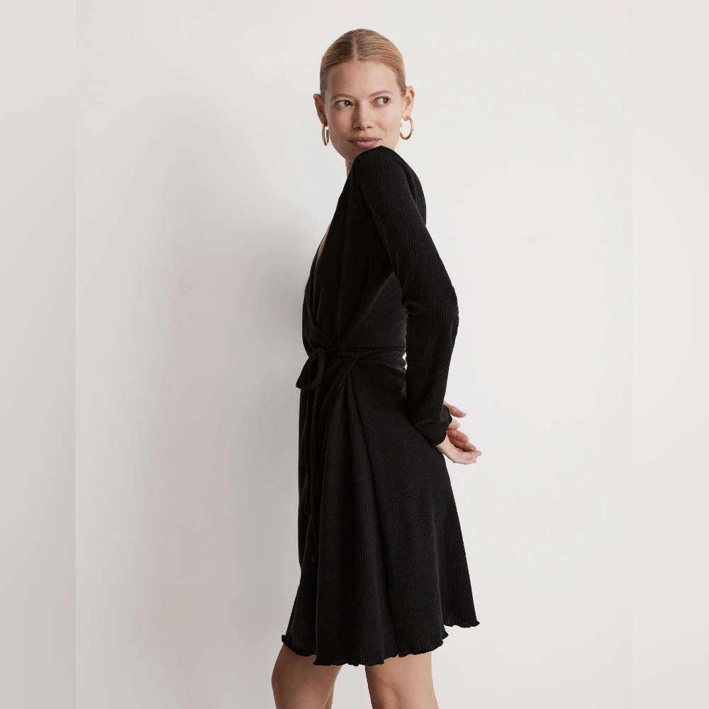 Madewell Ribbed Knit Wrap Mini Dress In true black - Picture 3 of 11